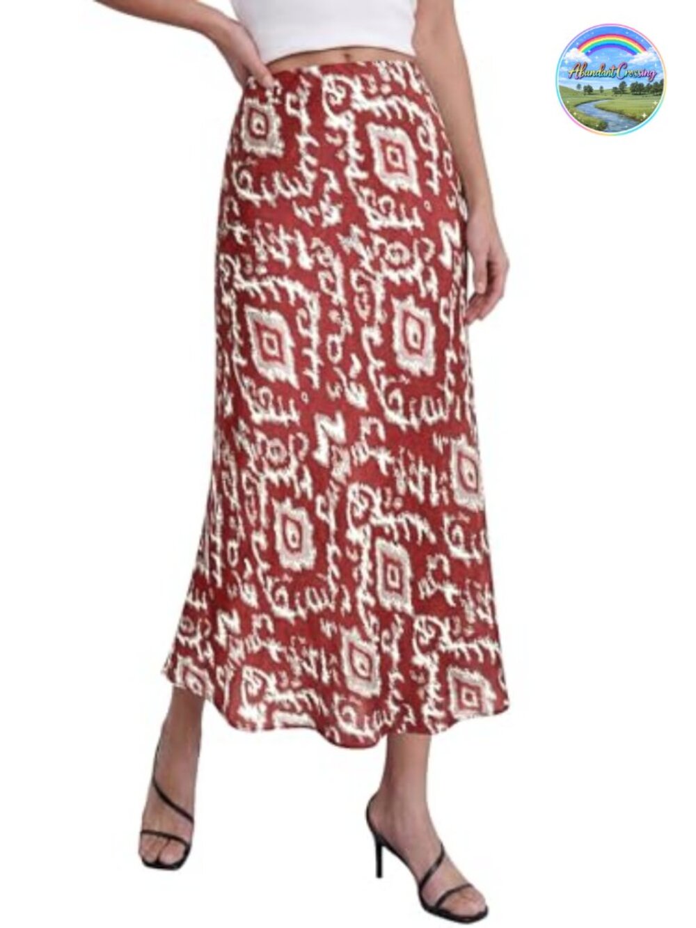 Satin A-Line Midi Skirt High Waist Elastic Floral Print